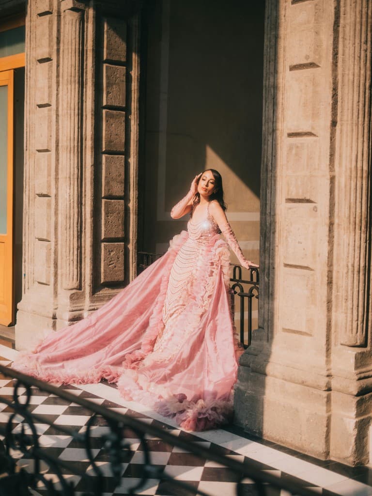 Evening pink dress couture look